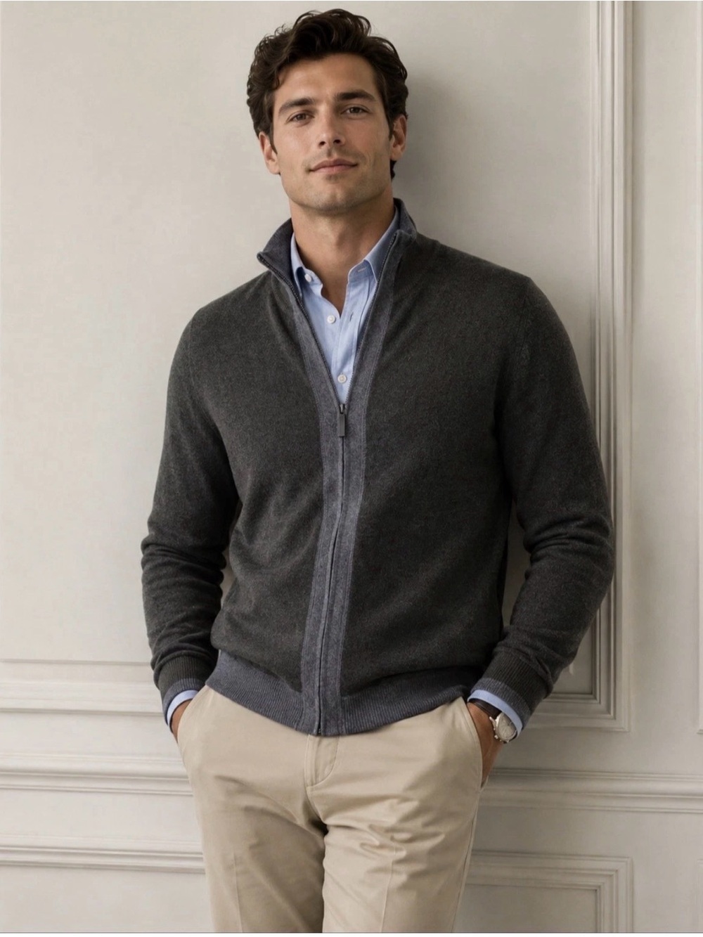 Kenneth Cole New York Cardigan Sweater M Mens Full Zip Wool Mock Neck Olive Gray